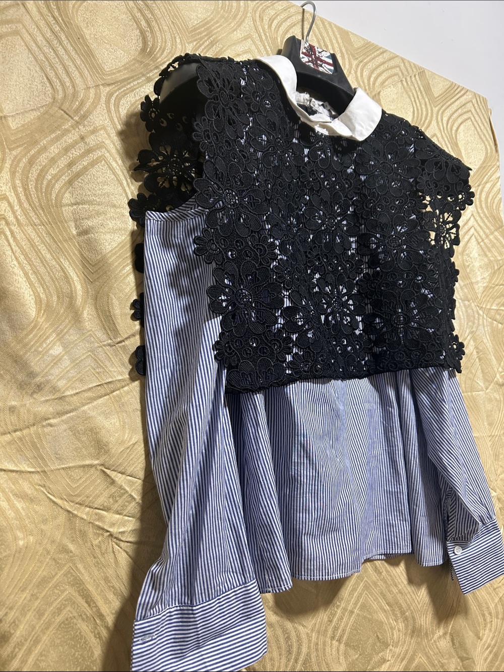 Women’s Striped Button-Down Shirt with Black Lace Bib Collar - Picture 2 of 6